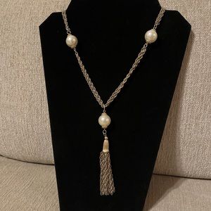 Gold Plated Stainless Steel Faux Pearl Tassel Pendant Rope Chain Necklace.